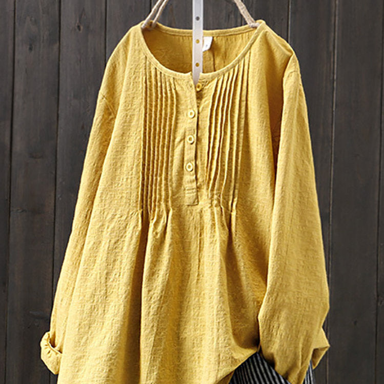 Blusa de mujer - Botones delanteros con detalles plisados - Mangas largas - Corte relajado