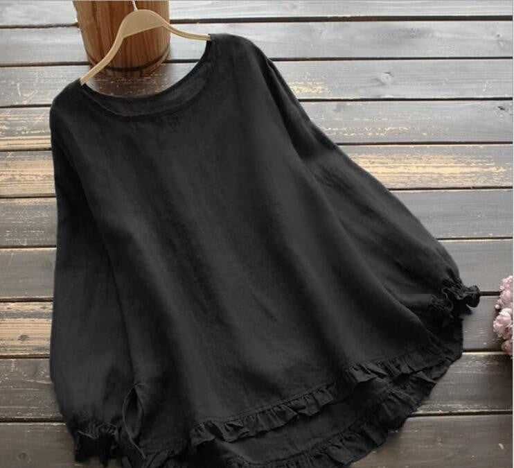 Blusa de mujer – Corte holgado – Mangas largas – Lino de algodón – Volantes elegantes