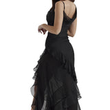 Vestido de noche para mujer – Tirantes finos – Abertura lateral – Volantes – Corte entallado