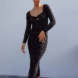 Vestido de punto para mujer – Corte entallado – Largo – Escote con abertura – Mangas largas