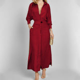 Vestido camisero de mujer – Lino – Corte entallado – Cuello en V – Mangas largas – Bajo asimétrico