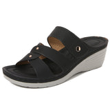 Sandalias de cuña para mujer – Punta abierta – Piel sintética – Tira remachada – Fáciles de poner
