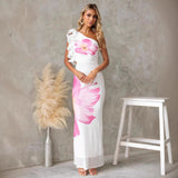Vestido asimétrico de mujer – Corte ajustado – Volante en el hombro – Estampado floral – Largo