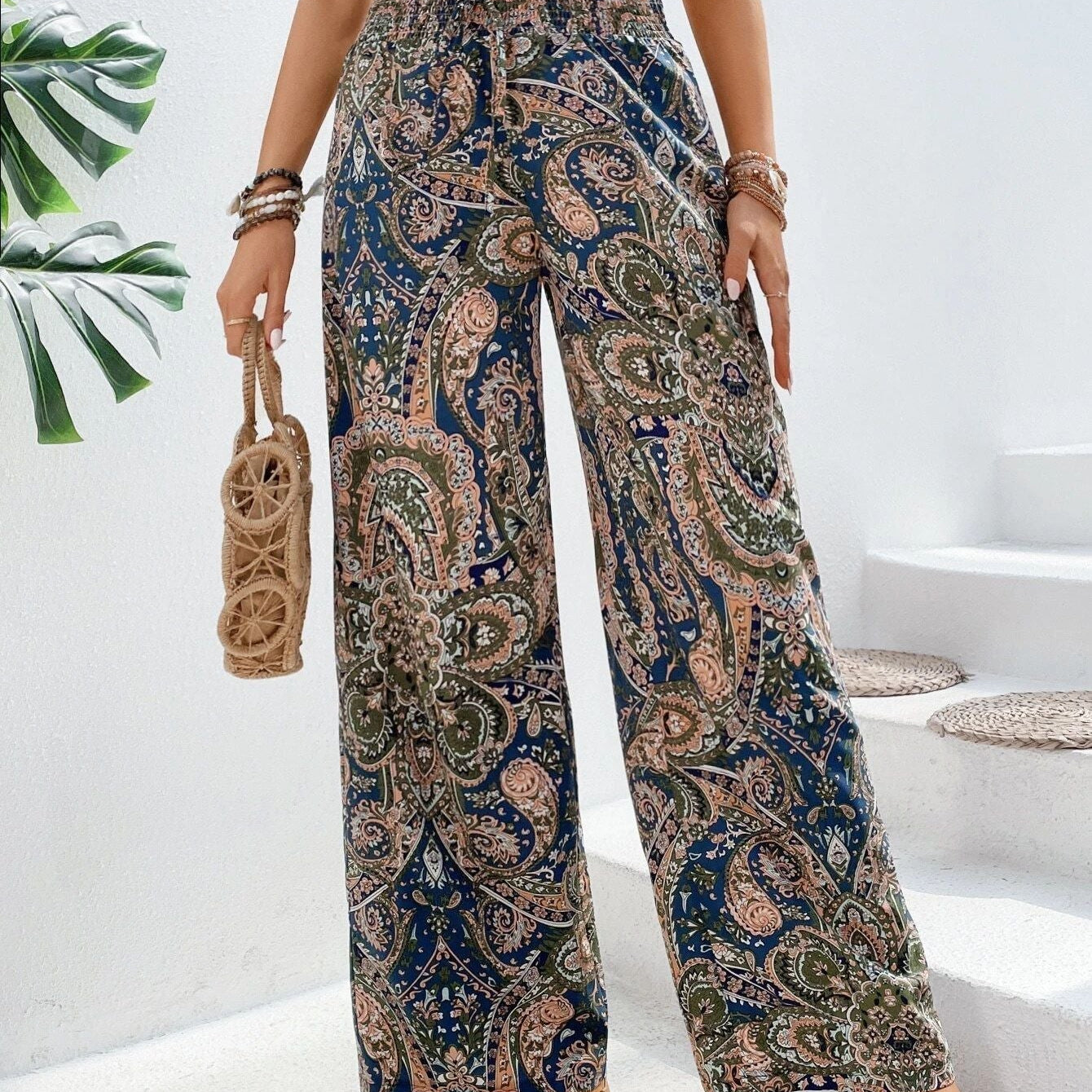 Pantalones anchos para mujer – Cintura elástica – Tejido transpirable – Corte holgado – Estampado bohemio