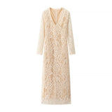 Vestido de encaje para mujer – Corte entallado – Mangas largas – Elegante escote en pico