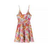Vestido mini para mujer – Corte acampanado – Tirantes finos – Espalda anudada – Estampado floral