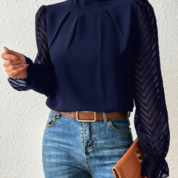 Blusa de mujer – Corte holgado – Cuello alto plisado – Mangas largas en voile de espiga