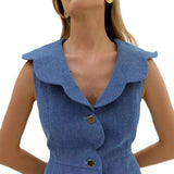 Vestido vaquero de mujer – Corte entallado – Sin mangas – Tapeta festoneada – Corto