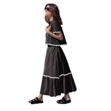 Conjunto de falda para mujer – Mezcla de algodón – Corte holgado – Mangas cortas – Encaje