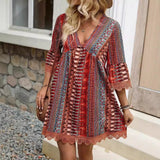 Vestido de mujer – Corte evasé – Escote en pico – Estampado bohemio – Mangas 3/4 – Encaje – Tejido ligero