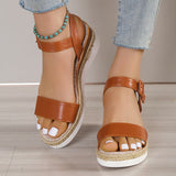 Sandalias de cuña para mujer – Piel sintética – Plataforma de yute – Punta abierta – Correa con hebilla