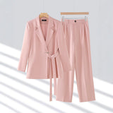 Traje de mujer – Blazer ajustado con cinturón – Pantalón ancho – Tejido de lujo