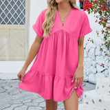 Vestido evasé para mujer – Tejido transpirable – Mangas cortas – Cuello en pico – Bajo con volantes
