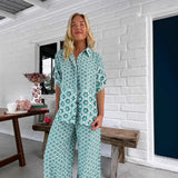 Conjunto de camisa y pantalón para mujer – Corte holgado – Estampado geométrico – Tejido transpirable