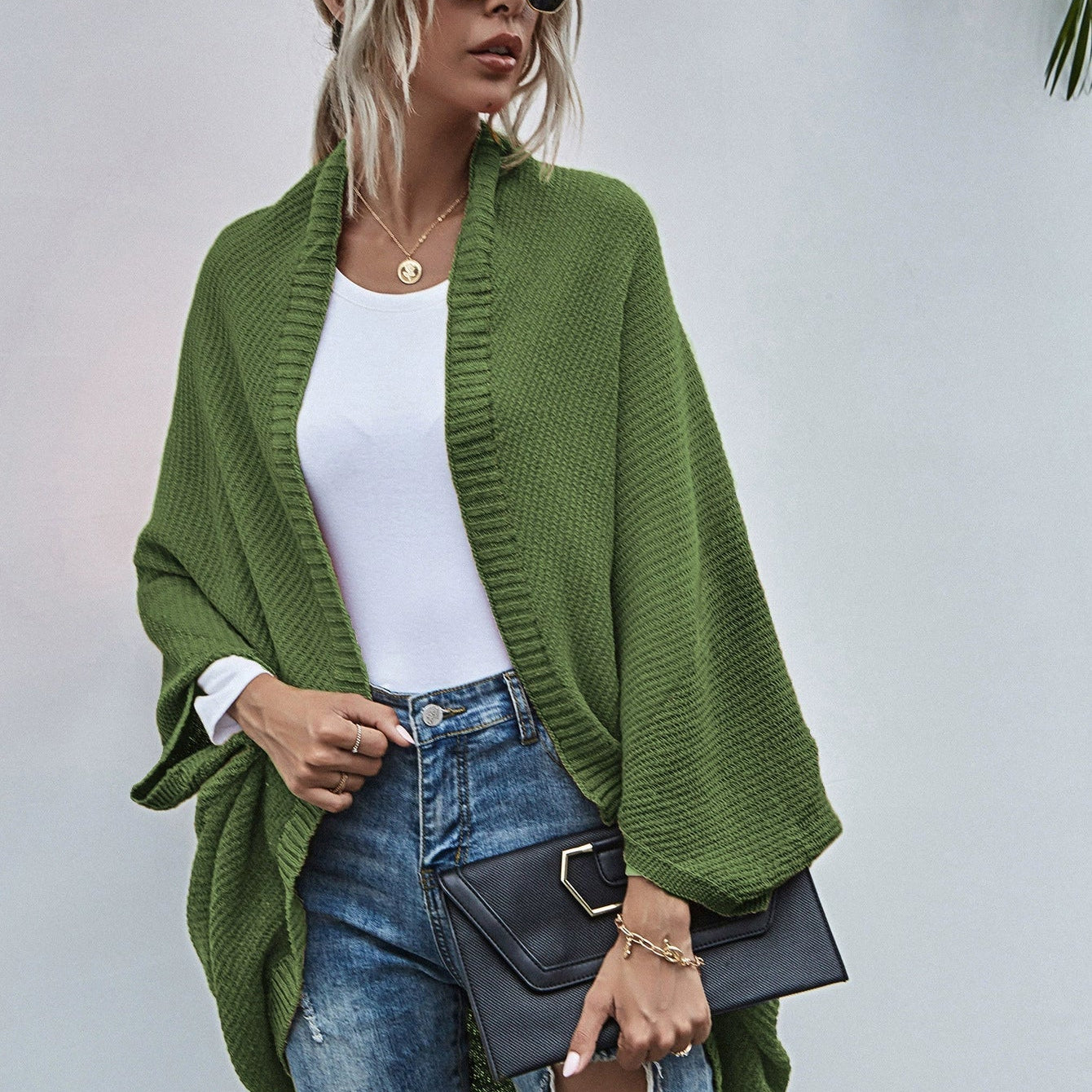 Cárdigan de mujer – Corte oversize – Punto de lana – Parte delantera abierta – Mangas murciélago