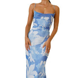Vestido ajustado para mujer – Largo – Estampado artístico – Tirantes finos – Corte ajustado