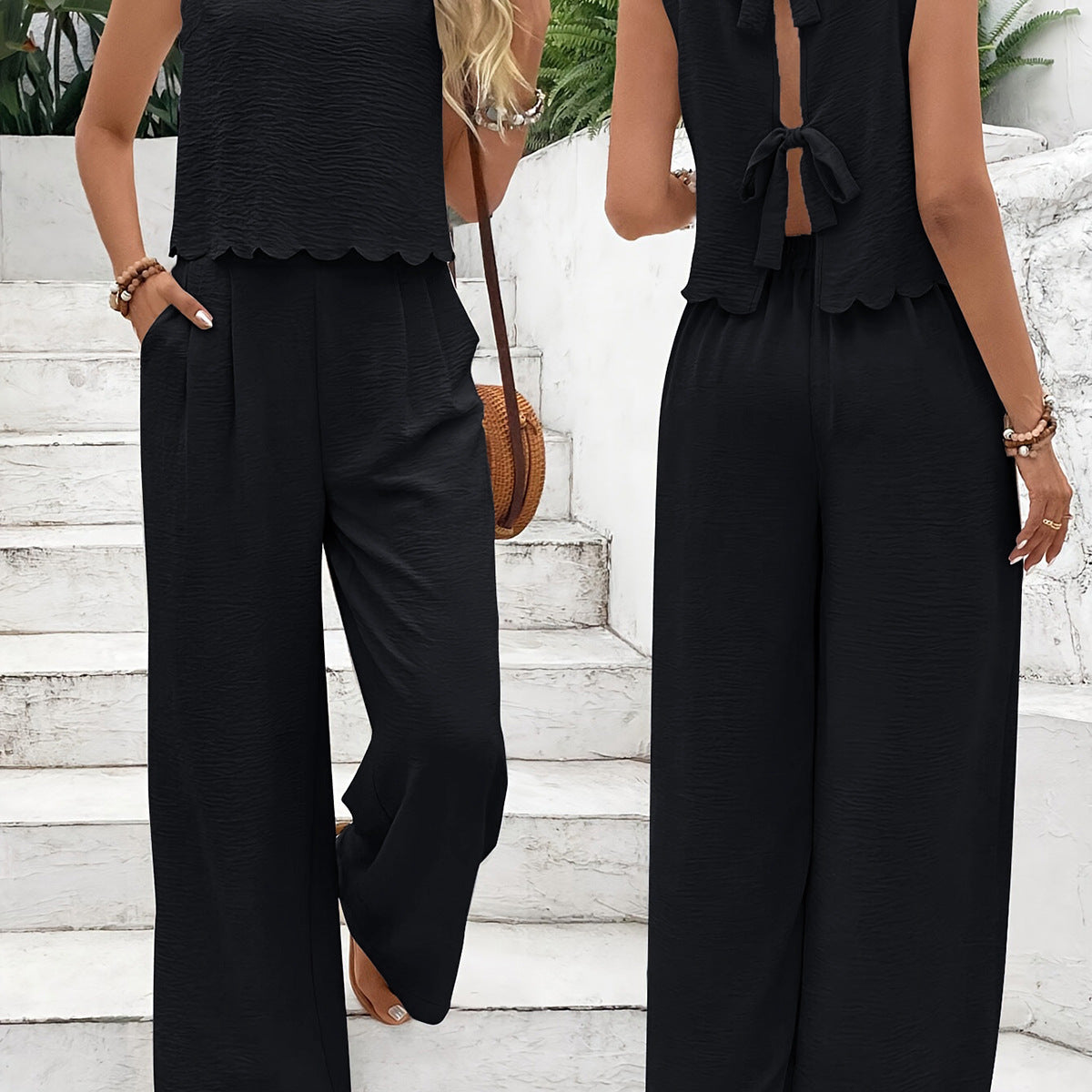 Conjunto de camiseta sin mangas y pantalón ancho para mujer – Tejido ligero y arrugado – Corte holgado