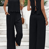 Conjunto de camiseta sin mangas y pantalón ancho para mujer – Tejido ligero y arrugado – Corte holgado