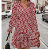 Vestido de mujer - Mangas largas - Corte holgado - Cuello en V - Elegante dobladillo con volantes