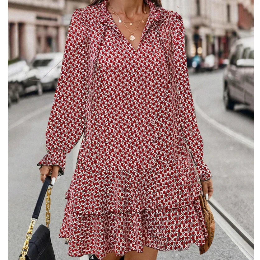 Vestido de mujer - Mangas largas - Corte holgado - Cuello en V - Elegante dobladillo con volantes