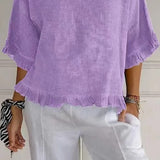 Blusa de manga corta para mujer – Corte fluido – Mezcla de lino y algodón – Cuello redondo – Ribete con volantes