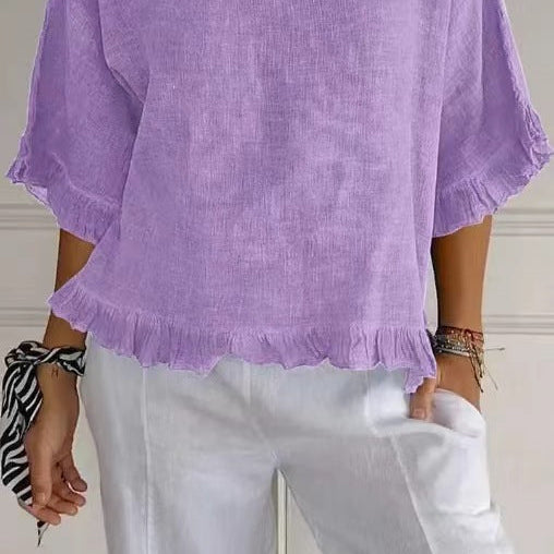 Blusa de manga corta para mujer – Corte fluido – Mezcla de lino y algodón – Cuello redondo – Ribete con volantes