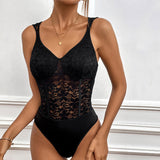 Body de mujer – Encaje transparente – Corte ajustado – Escote pronunciado – Sin mangas
