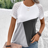 Camiseta de mujer – Corte holgado – Mangas de encaje – Estampado geométrico – Cuello redondo