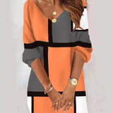 Liora – Vestido suéter moderno con bloques de color y patrones geométricos