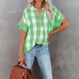 Blusa de mujer – Corte holgado – Estampado de cuadros – Mangas cortas – Algodón transpirable