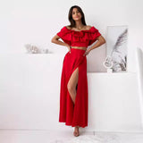 Conjunto de dos piezas para mujer: Top corto con hombros descubiertos y volantes, falda larga de cintura alta con abertura.