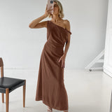 Vestido de mujer con hombros descubiertos – Corte entallado – Largo – Lino de algodón transpirable