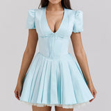 Vestido corto de mujer – Corte evasé – Mangas abullonadas – Cuello en pico – Estampado floral