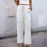 Pantalones de mujer – Corte relajado – Cintura elástica con cordón – Fibras naturales