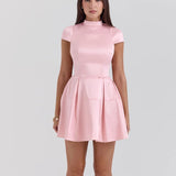 Vestido mini para mujer – Sin mangas – Cuello alto – Satén – Corte plisado y acampanado