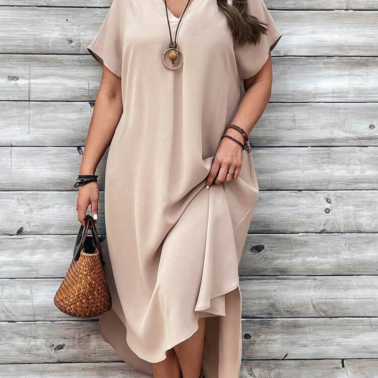 Vestido de mujer - Corte asimétrico holgado - Cuello en V elegante - Mangas cortas y sueltas