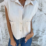 Camiseta sin mangas para mujer – Corte holgado – Abotonada – Fibras naturales transpirables