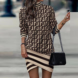 Vestido de mujer – Estampado abstracto – Cintura ajustada – Mangas largas – Cuello alto