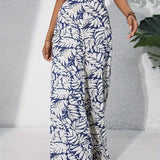Pantalones anchos para mujer, cintura alta, tejido ligero, elegante estampado floral