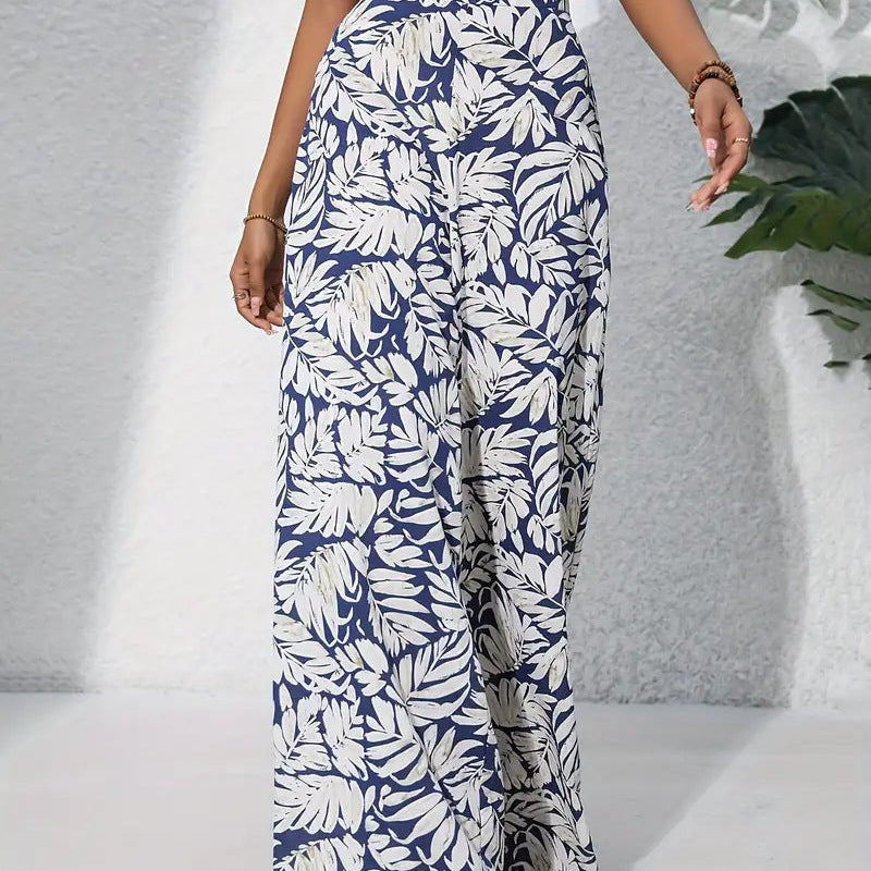 Pantalones anchos para mujer, cintura alta, tejido ligero, elegante estampado floral