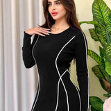 Elegante vestido de manga larga para mujer – Rayas en contraste – Corte ajustado