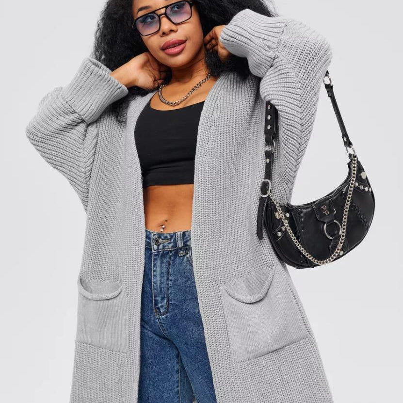 Cárdigan de mujer – Corte oversize – Punto acanalado grueso – Bolsillos delanteros – Frente abierto