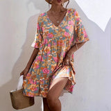 Vestido fluido de mujer – Algodón – Estampado floral – Mangas 3/4 con volantes – Escote en pico