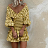 Vestido mini para mujer – Mezcla de algodón – Cuello en V – Mangas abullonadas – Cintura elástica – Estampado de cuadros vichy