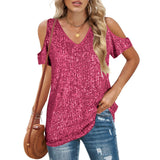Top de mujer – Hombros descubiertos – Cuello en V – Corte holgado – Parte delantera con lentejuelas