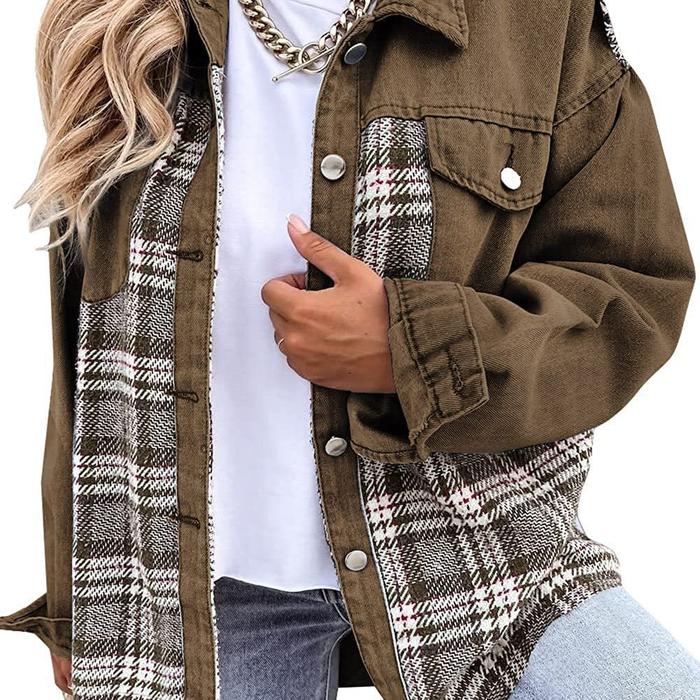 Chaqueta de mujer – Corte oversize – Paneles de mezclilla y cuadros – Mangas largas