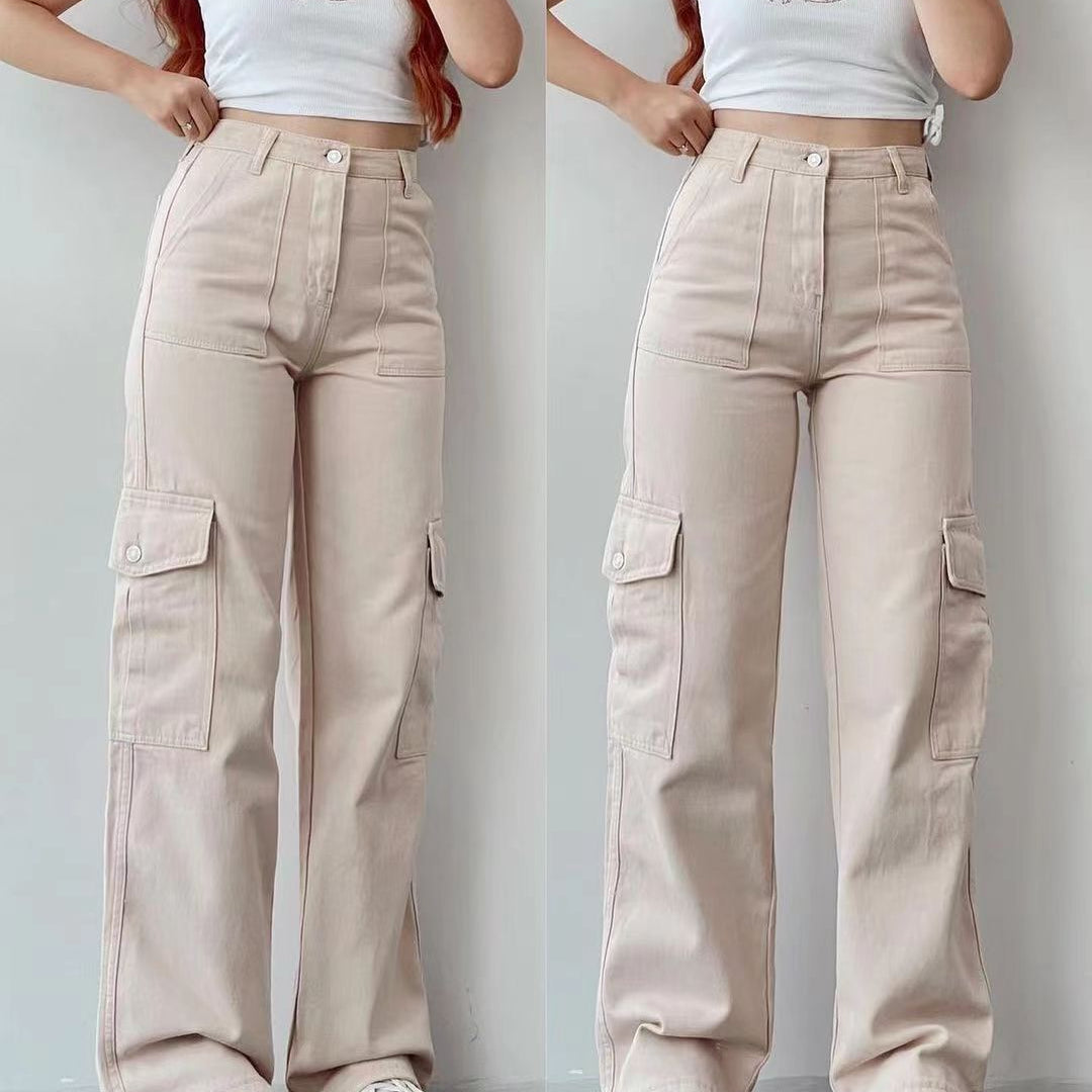 Pantalones cargo para mujer - Cintura alta - Corte holgado - Bolsillos laterales funcionales
