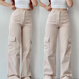 Pantalones cargo para mujer - Cintura alta - Corte holgado - Bolsillos laterales funcionales