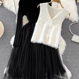 Vestido midi de dos piezas para mujer: top acanalado, falda de tul acampanada y chaleco sin mangas.