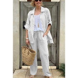 Conjunto de camisa y pantalón para mujer – Lino transpirable – Corte holgado – Cintura elástica